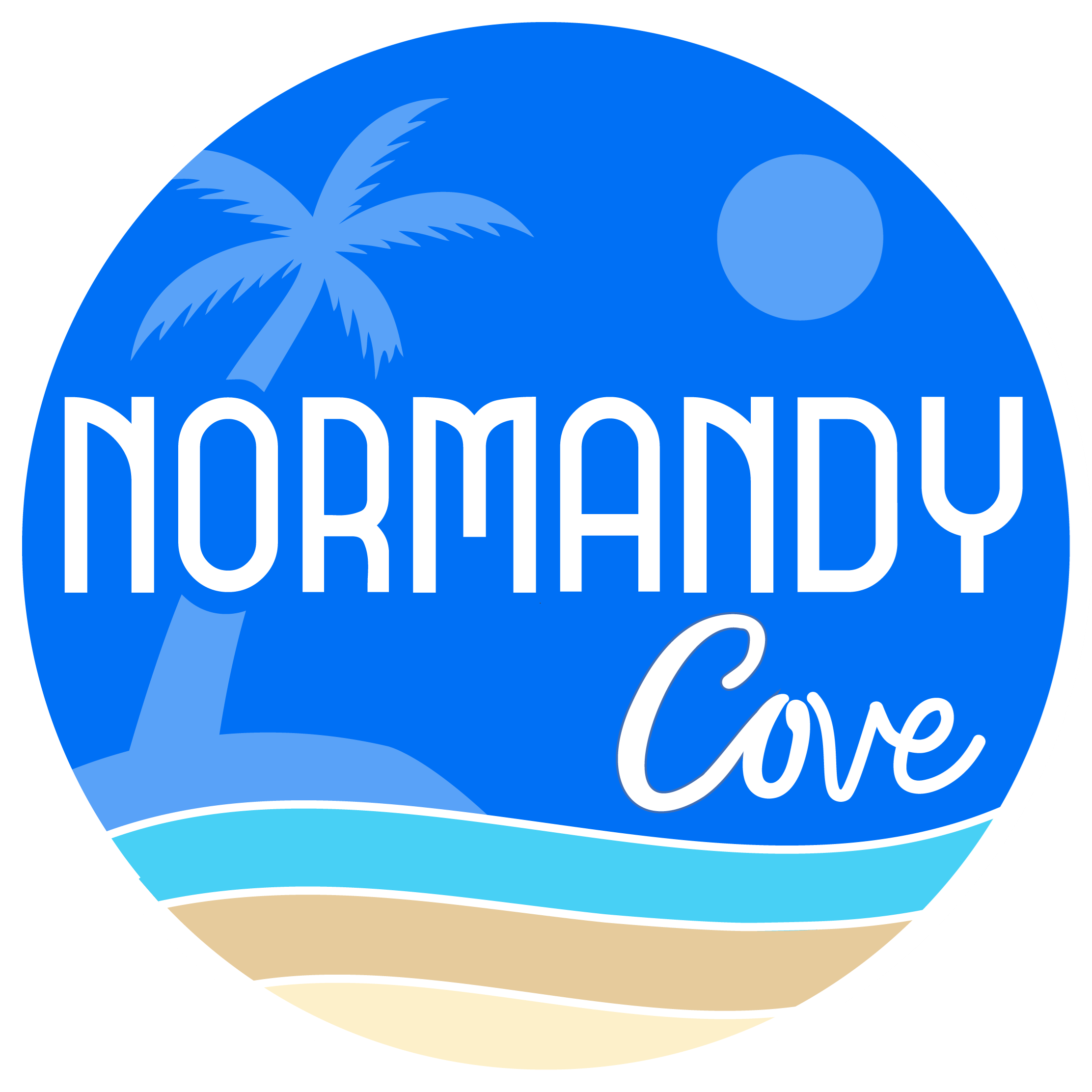 A logo with a palm tree and the words