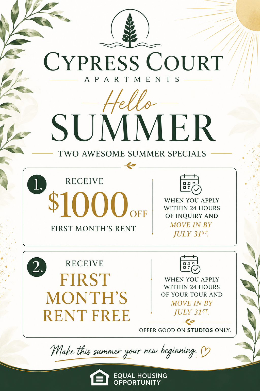 $1000 off first month's rent on 1-2-& 3-bedroom homes. First month free on studios when you move in by 7/31!