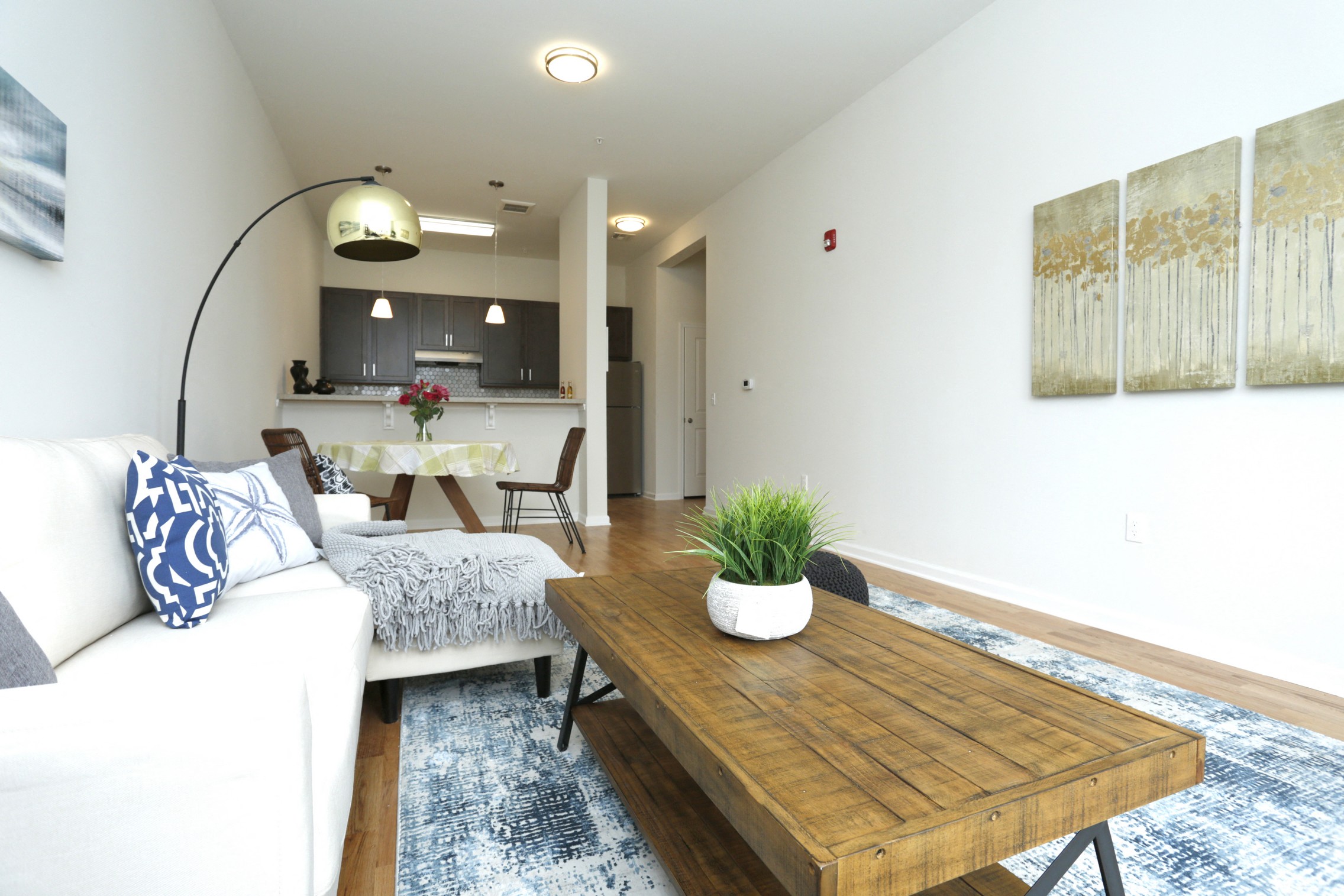 Model unit living room with view of kitchen
