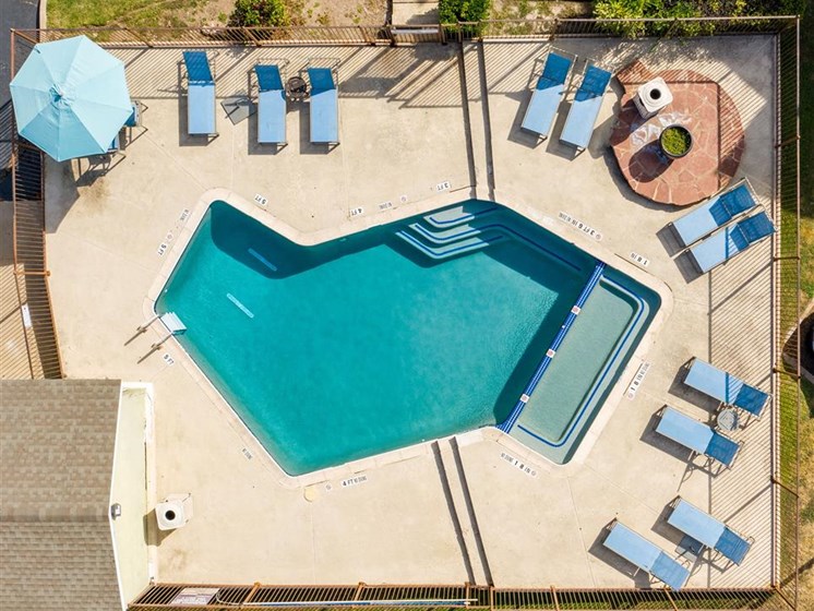 Drone View Of Pool at Wildwood Apartments, CLEAR Property Management, Austin, TX