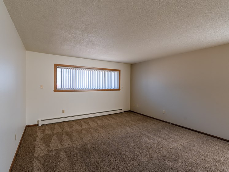 an empty living room with carpet and a window. Fargo, ND Martha Alice Apartments