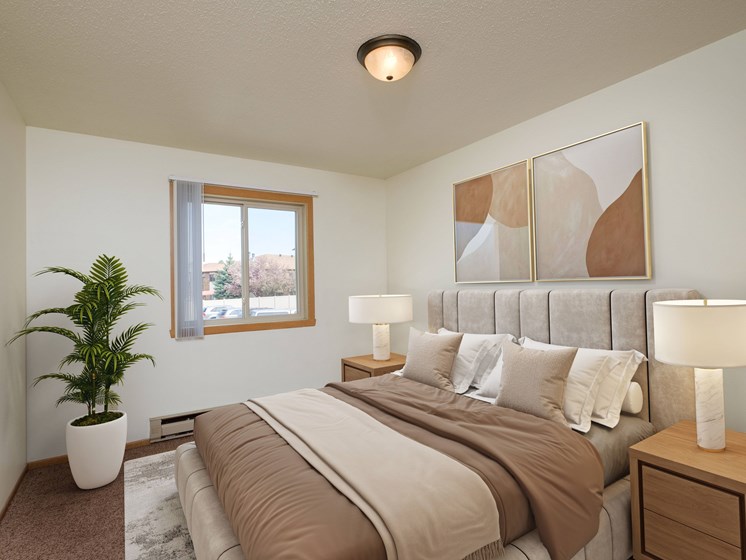 a bedroom with a large bed and a potted plant. Fargo, ND Sargent Apartments