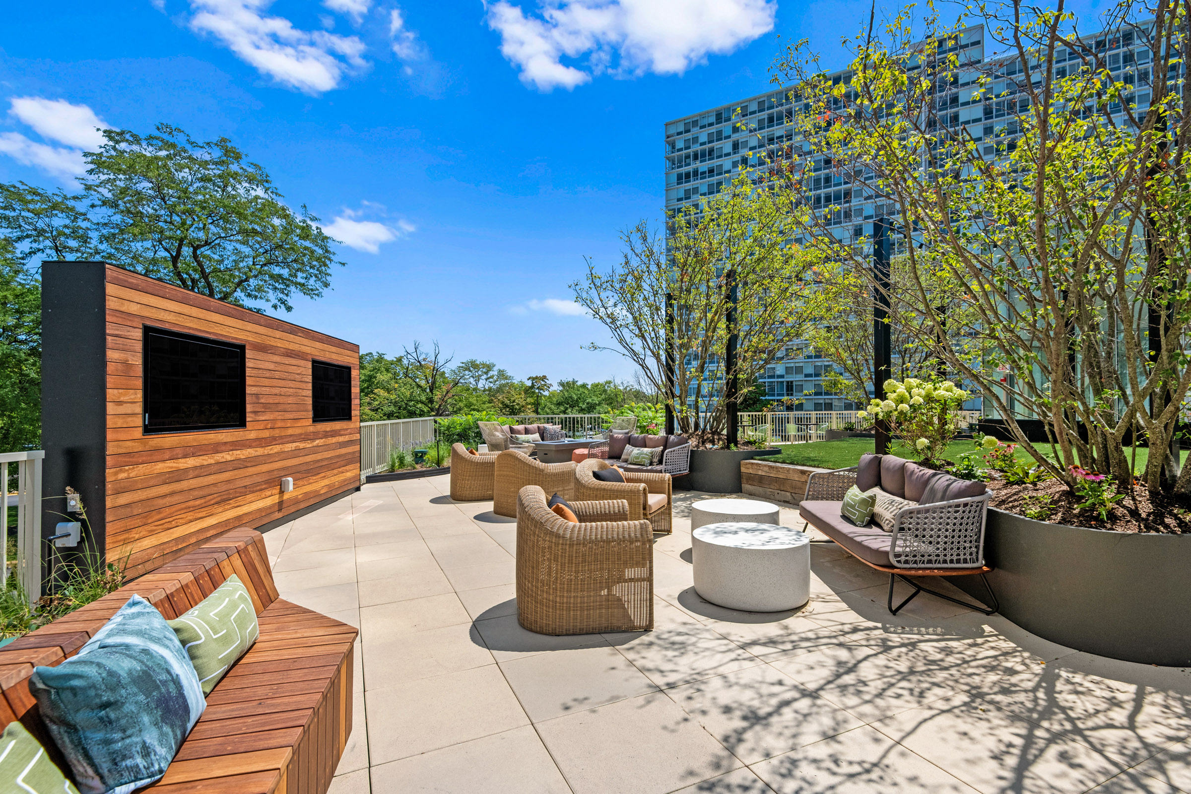 modern outdoor rooftop deck with grills