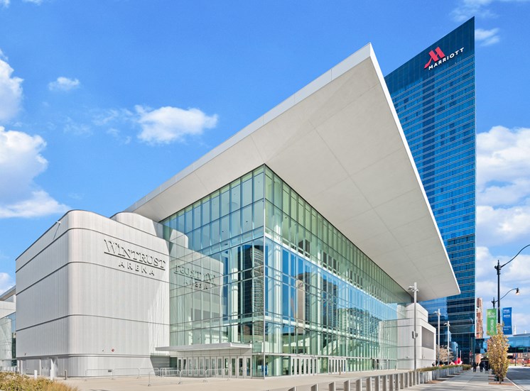 Street view of Wintrust Arena and Marriot in Chicago, IL near 23rd Place Apartments for rent