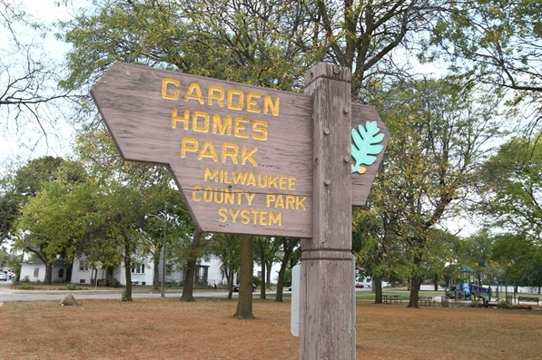 A signpost for Garden Homes Park in Milwaukee County Park System.
