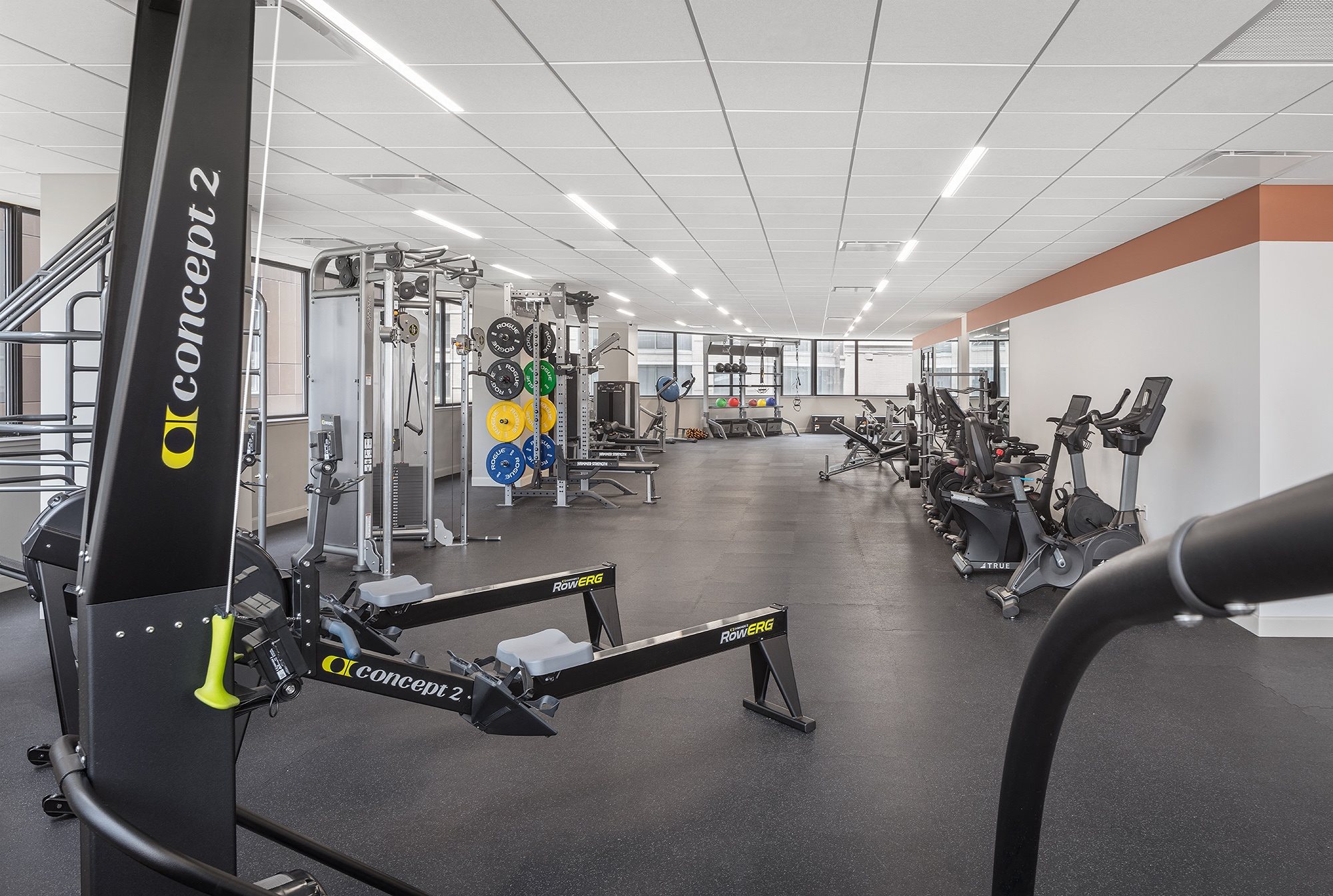 a gym with cardio equipment and weights on the floor