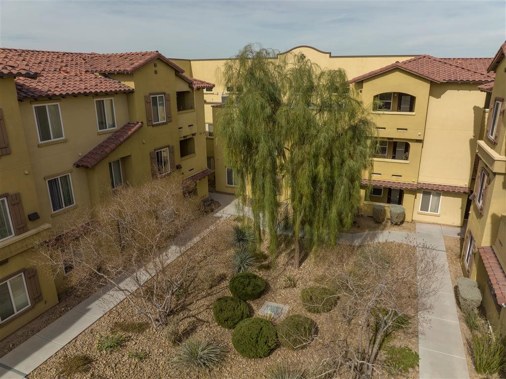 A courtyard surrounded by buildings with a tree in the middle.