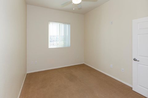 A room with a carpeted floor and a window with blinds.