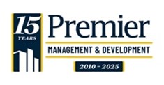 A logo for Premier Management & Development celebrating 15 years from 2010 to 2025.