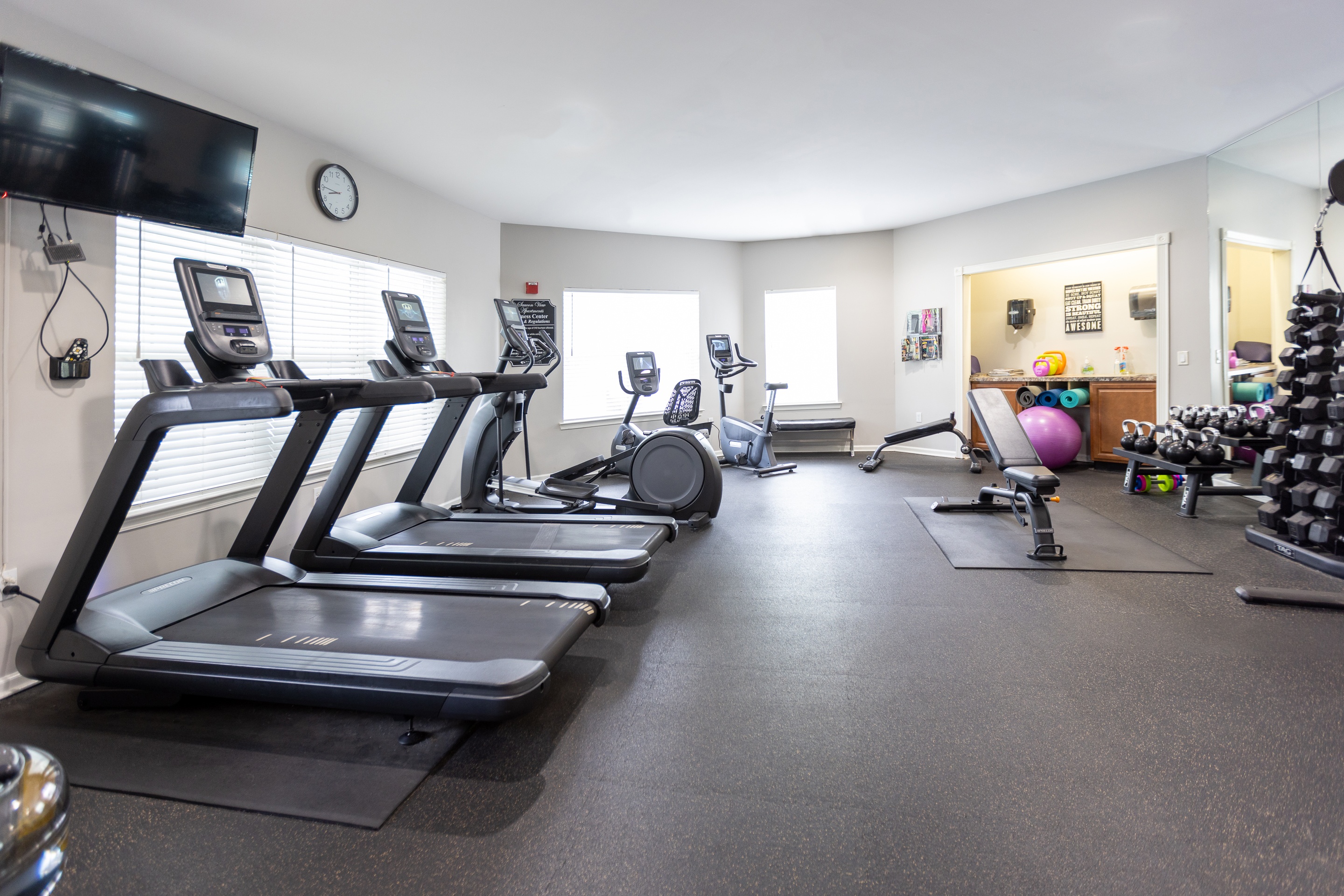 A spacious gym with treadmills, exercise equipment, and a television.