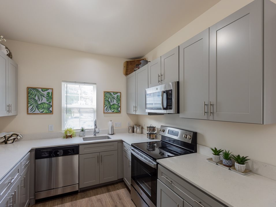 A kitchen with a stove, oven, and refrigerator.