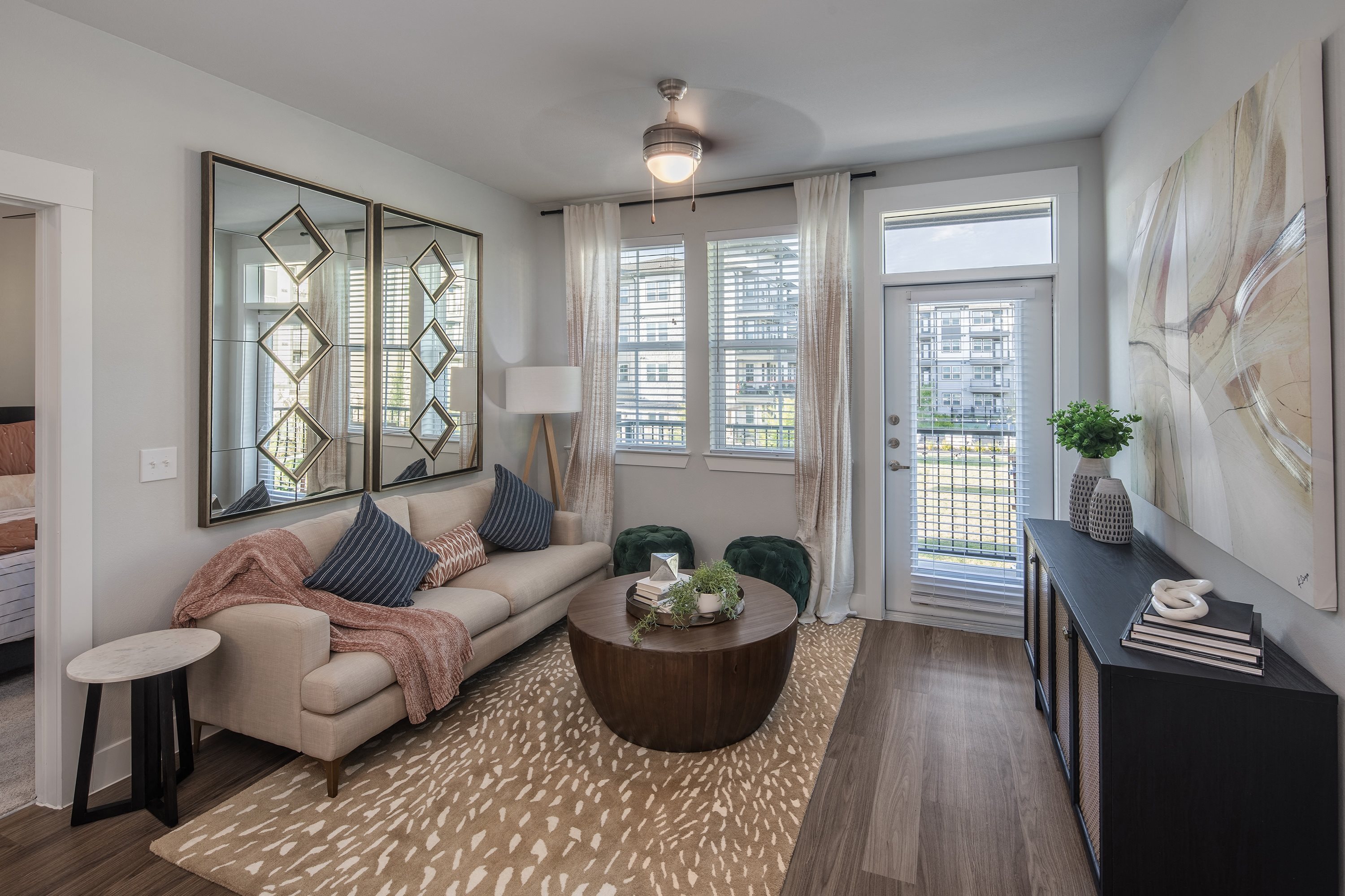 a beautifully decorated living room at a senior apartment complex