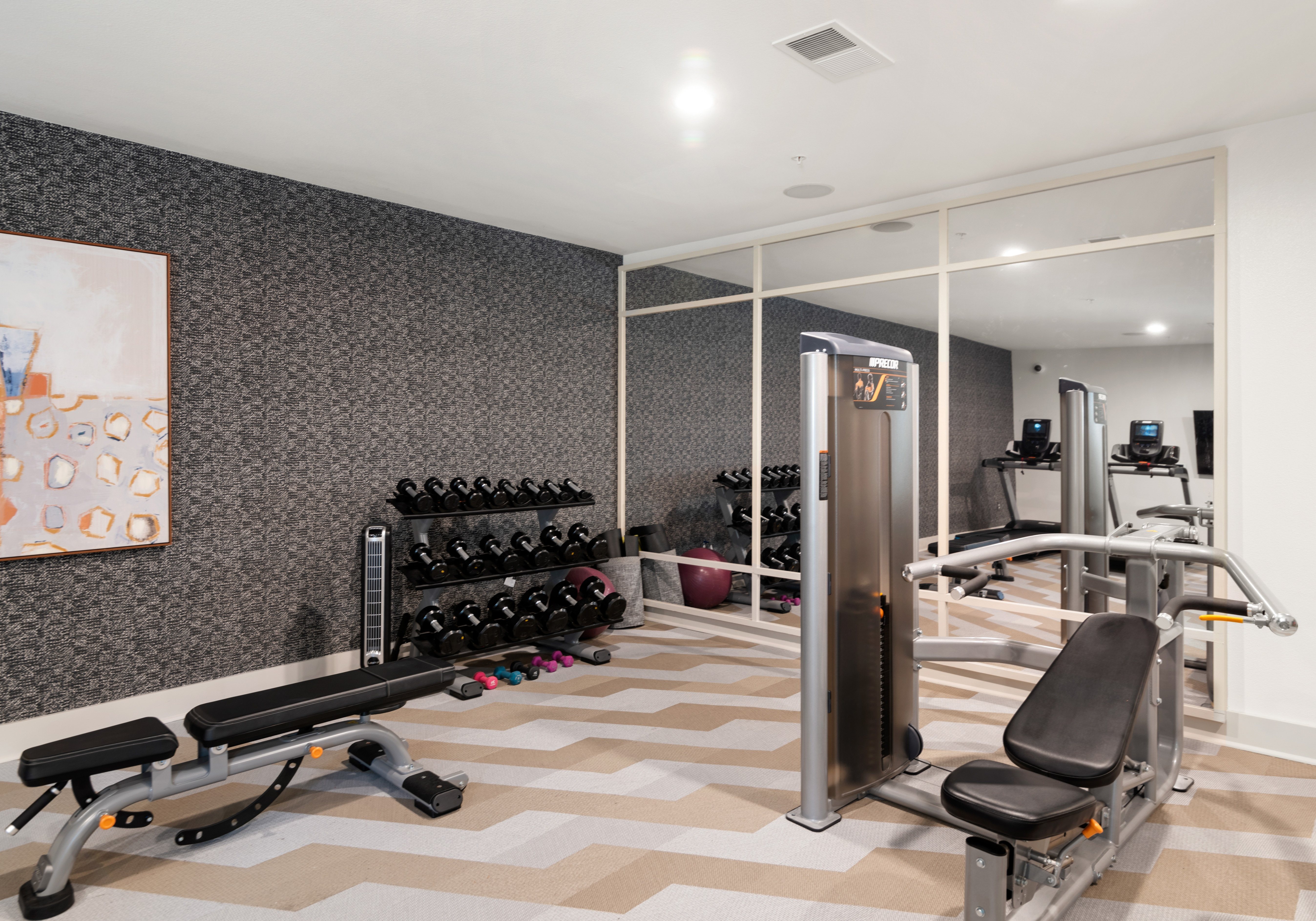A gym with a variety of equipment including a squat rack, bench press, and a mirror.