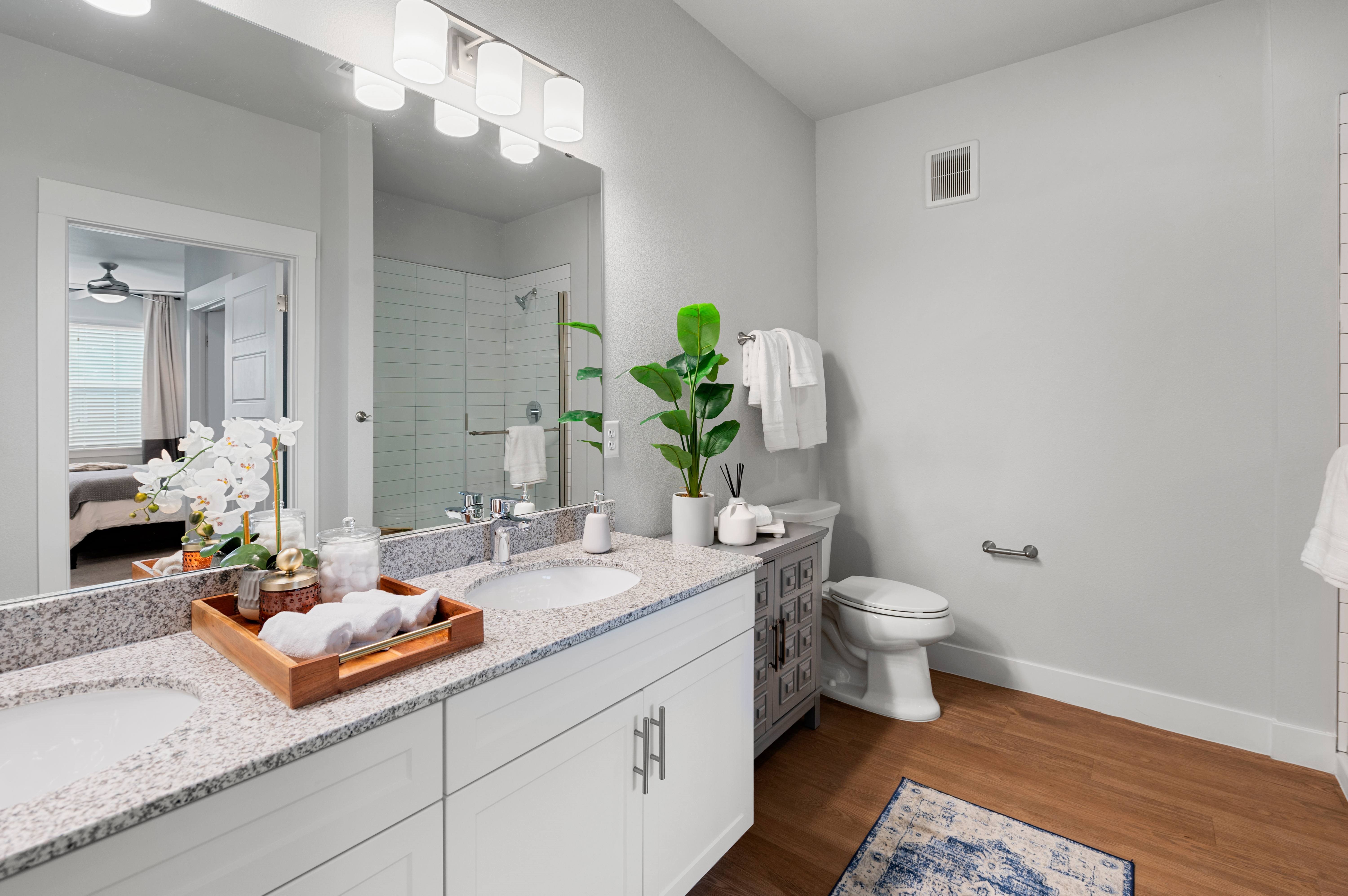 A bathroom with a white toilet and a mirror above the sink.
