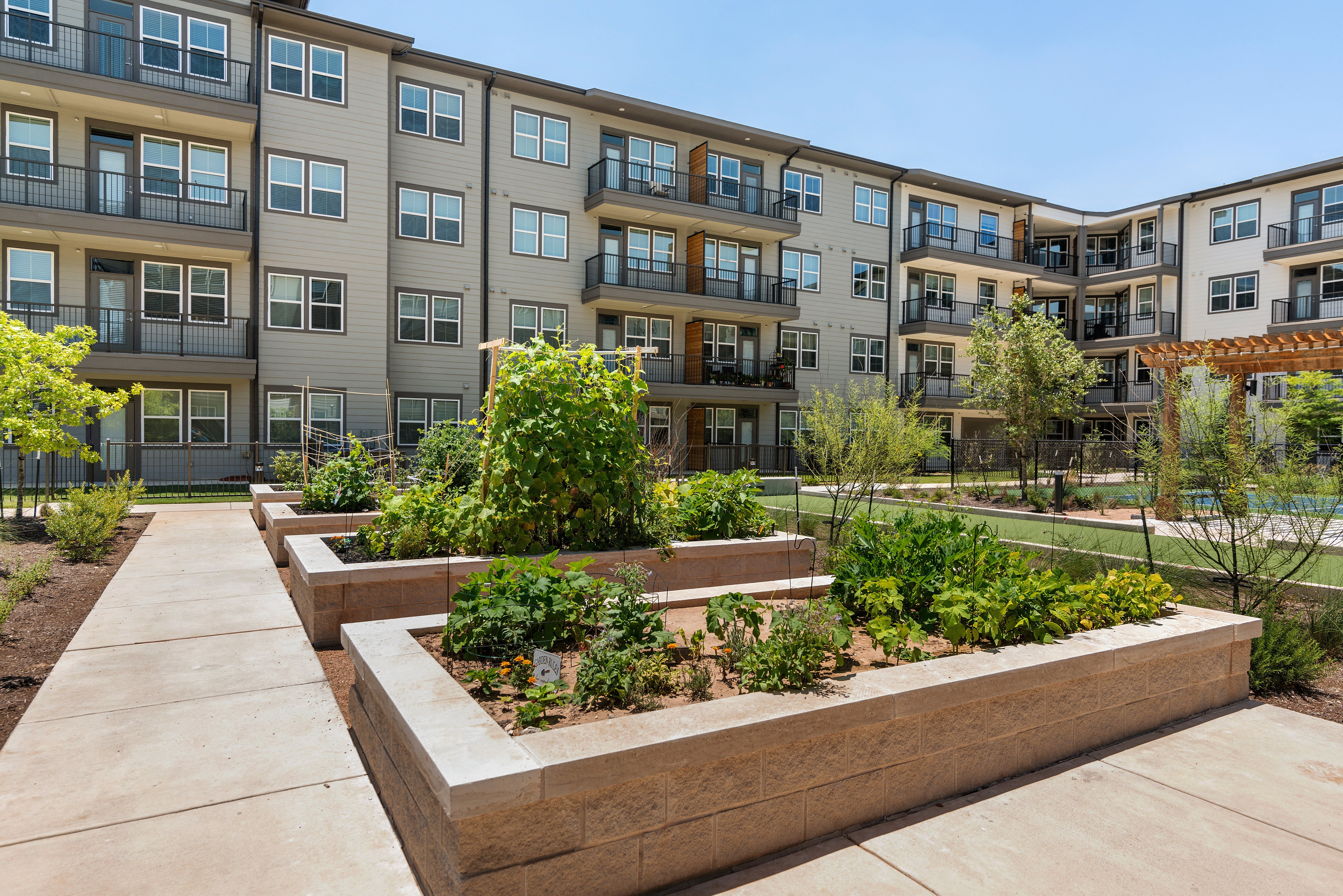 an urban garden in front of an apartment building