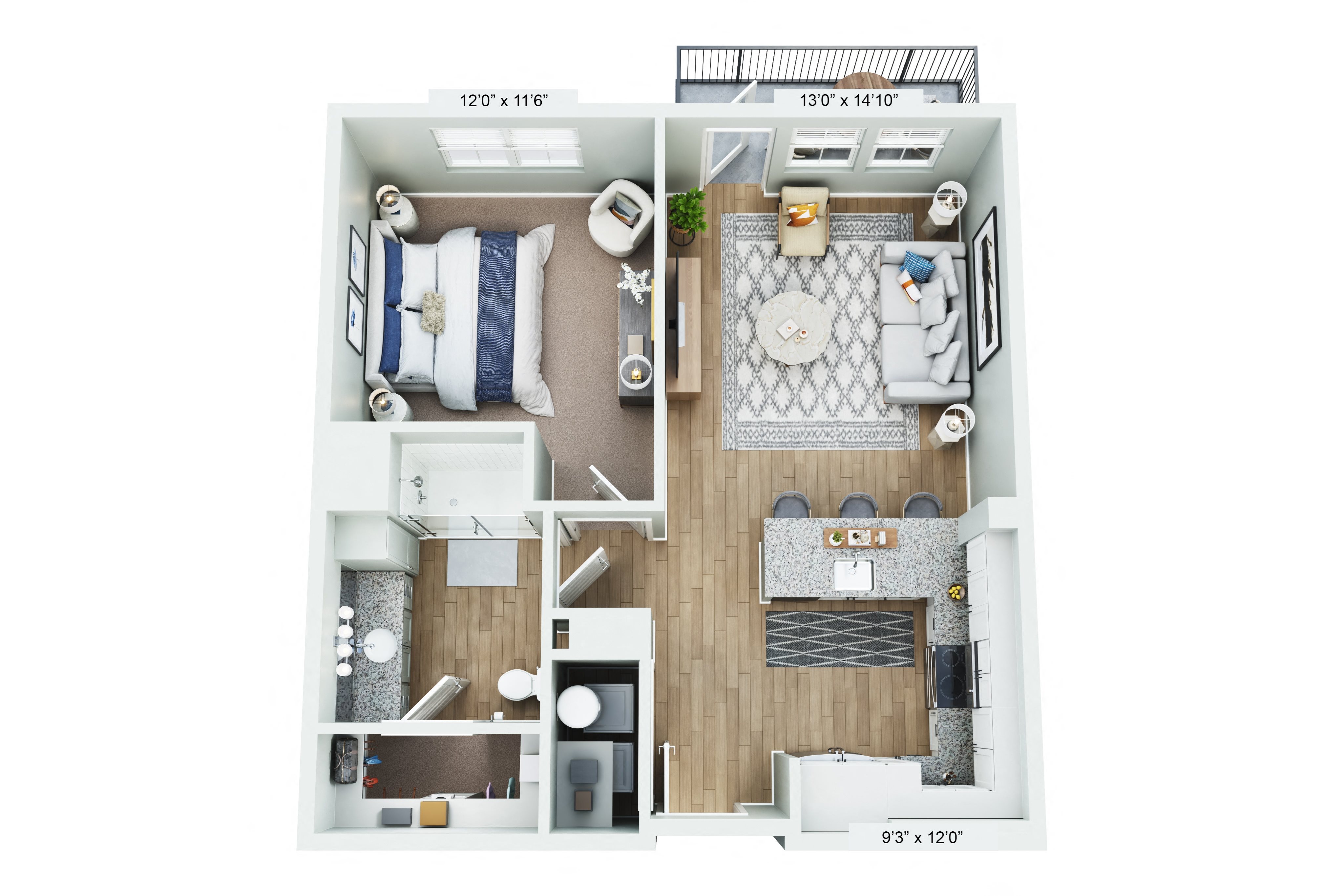 bedroom floor plan an open concept living space with a fireplace and a balcony