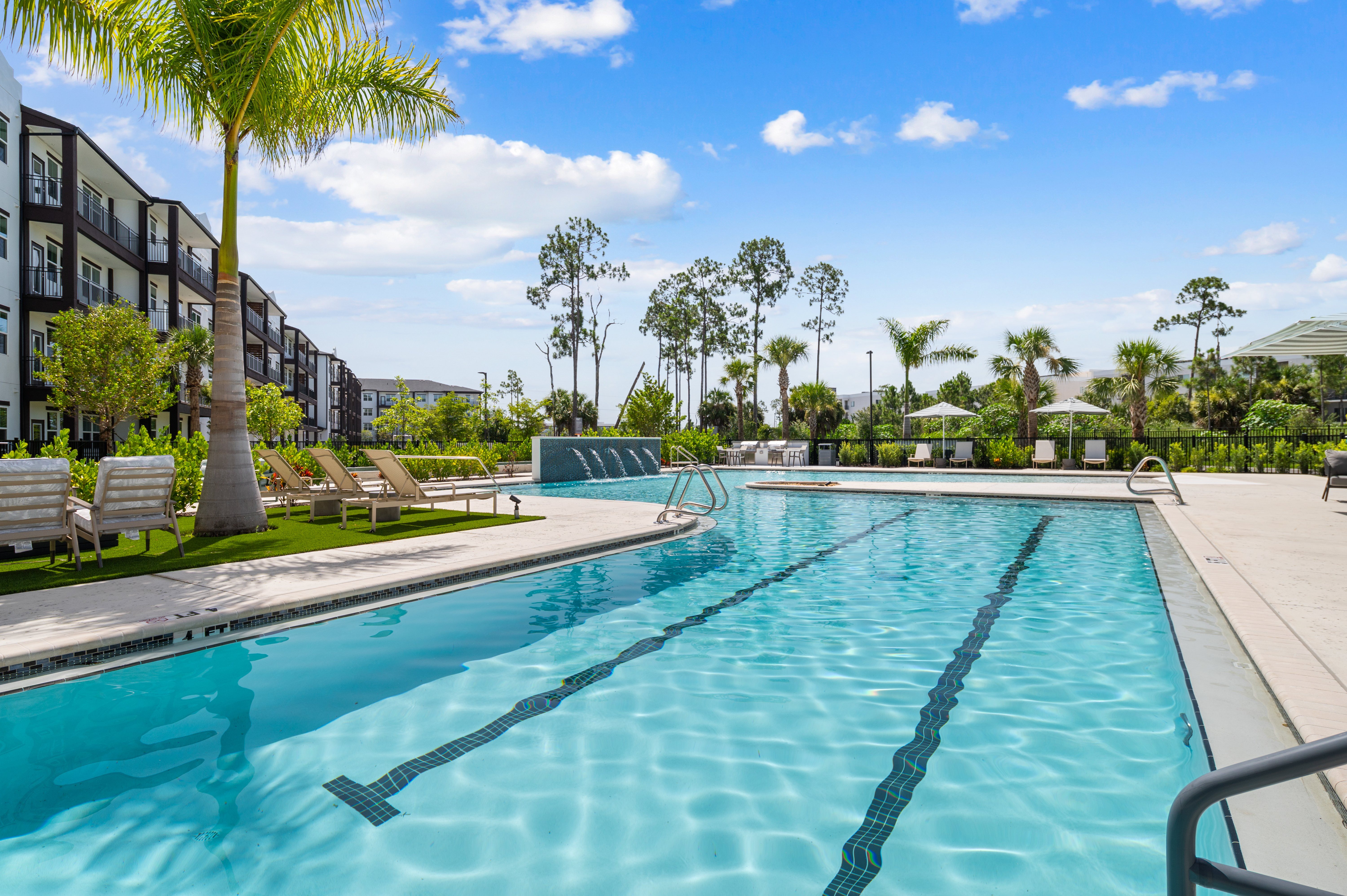 A large swimming pool with lounge chairs and palm trees in the background.