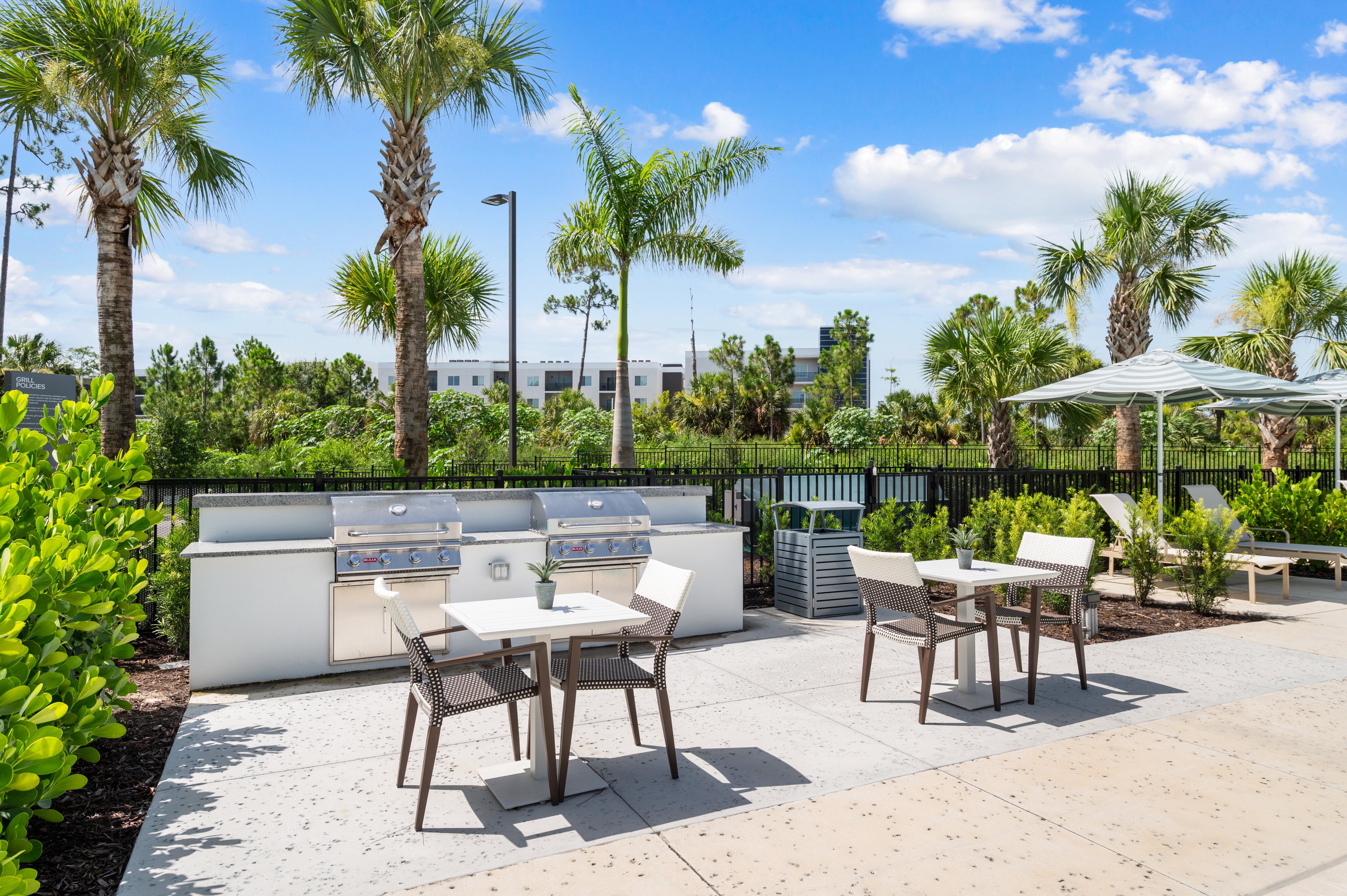 A patio with a table and chairs surrounded by palm trees.