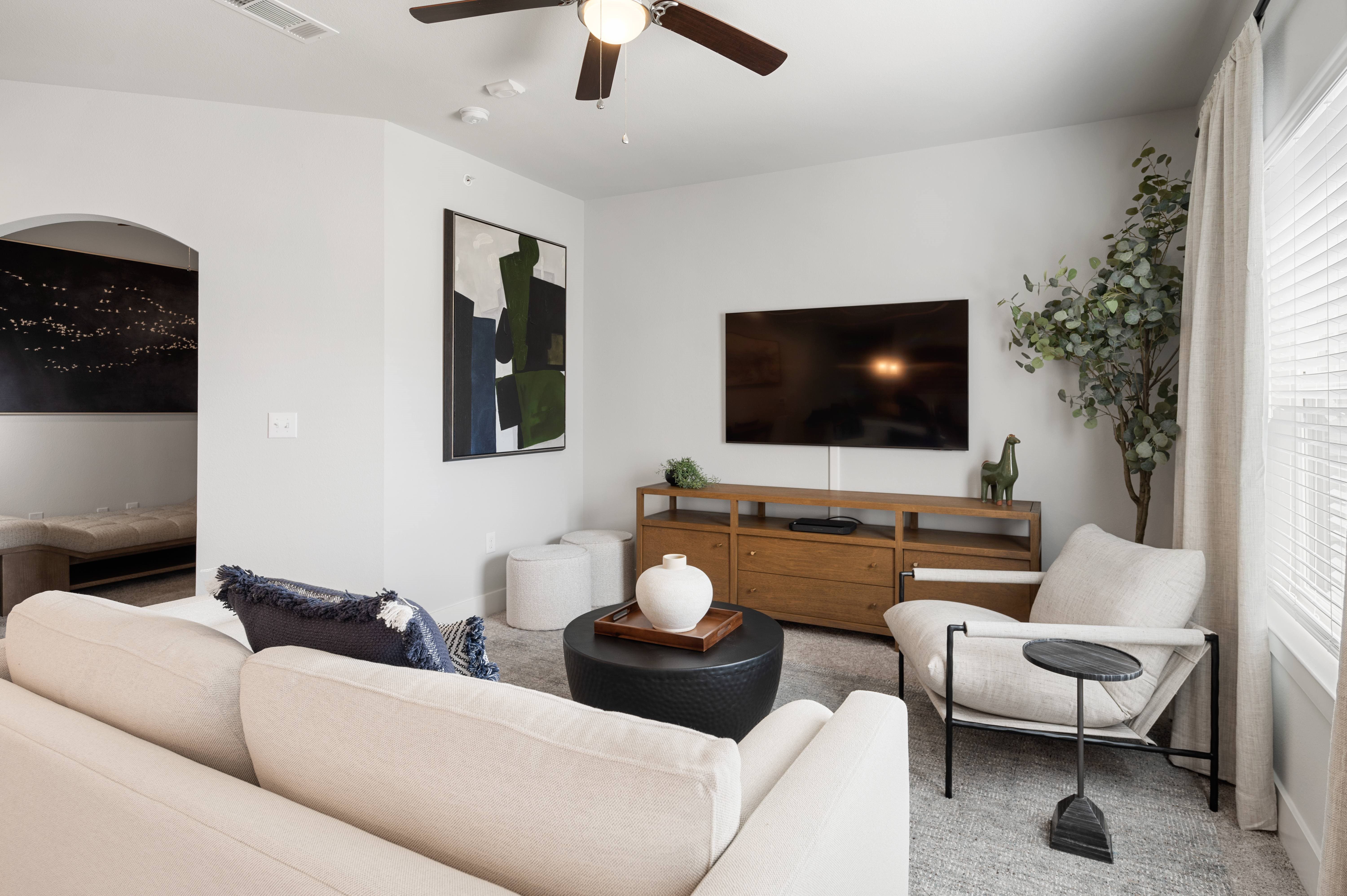 A living room with a white couch, a black ottoman, a TV, and a plant.