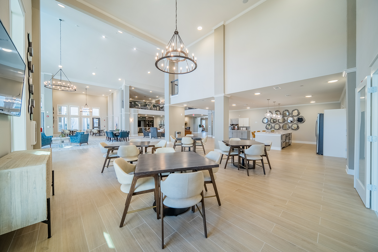 a communal clubhouse dining room at a senior apartment community