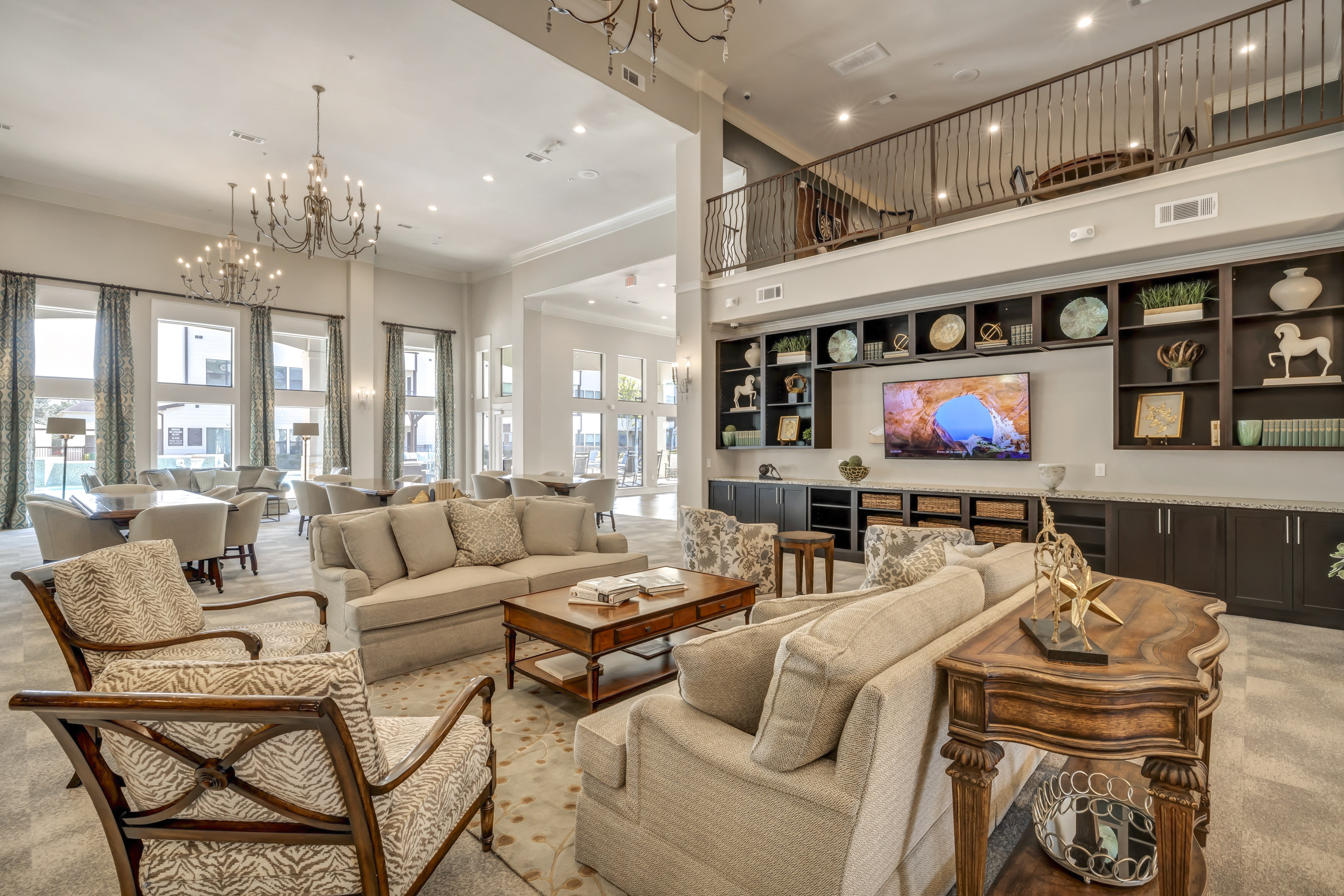 a communal clubhouse lounge area at a senior apartment community