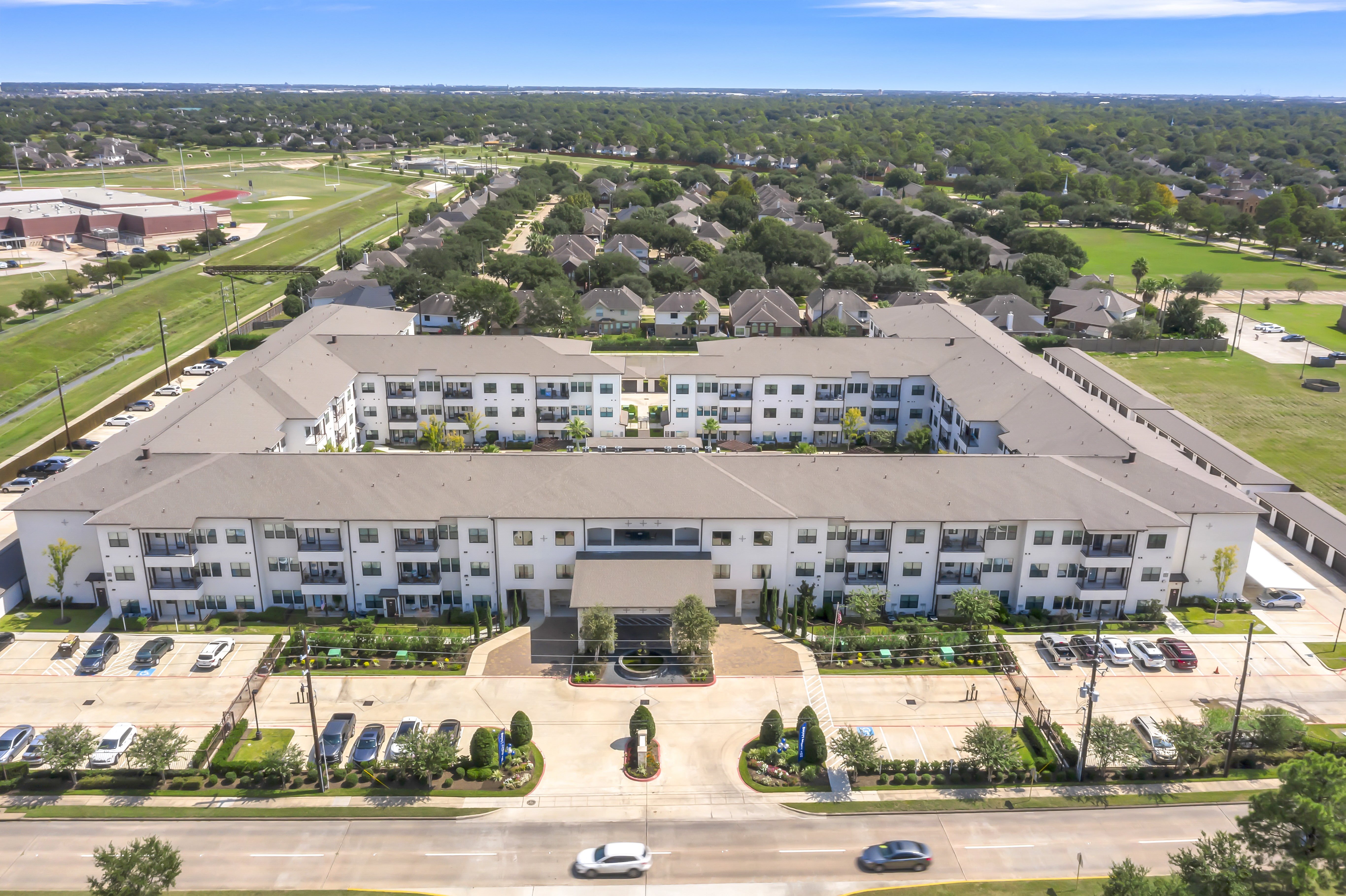 an aerial, exterior view of a senior apartment community