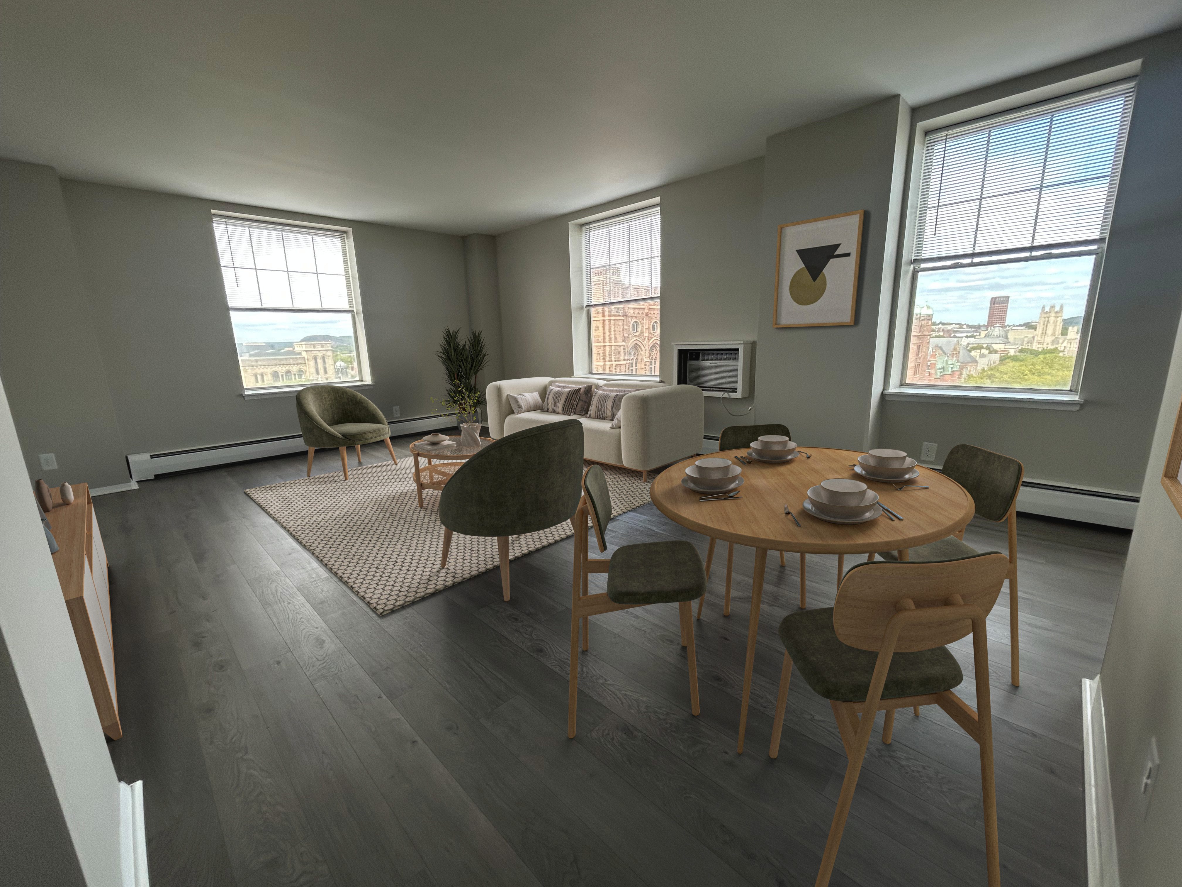 A dining room with a table set for six.