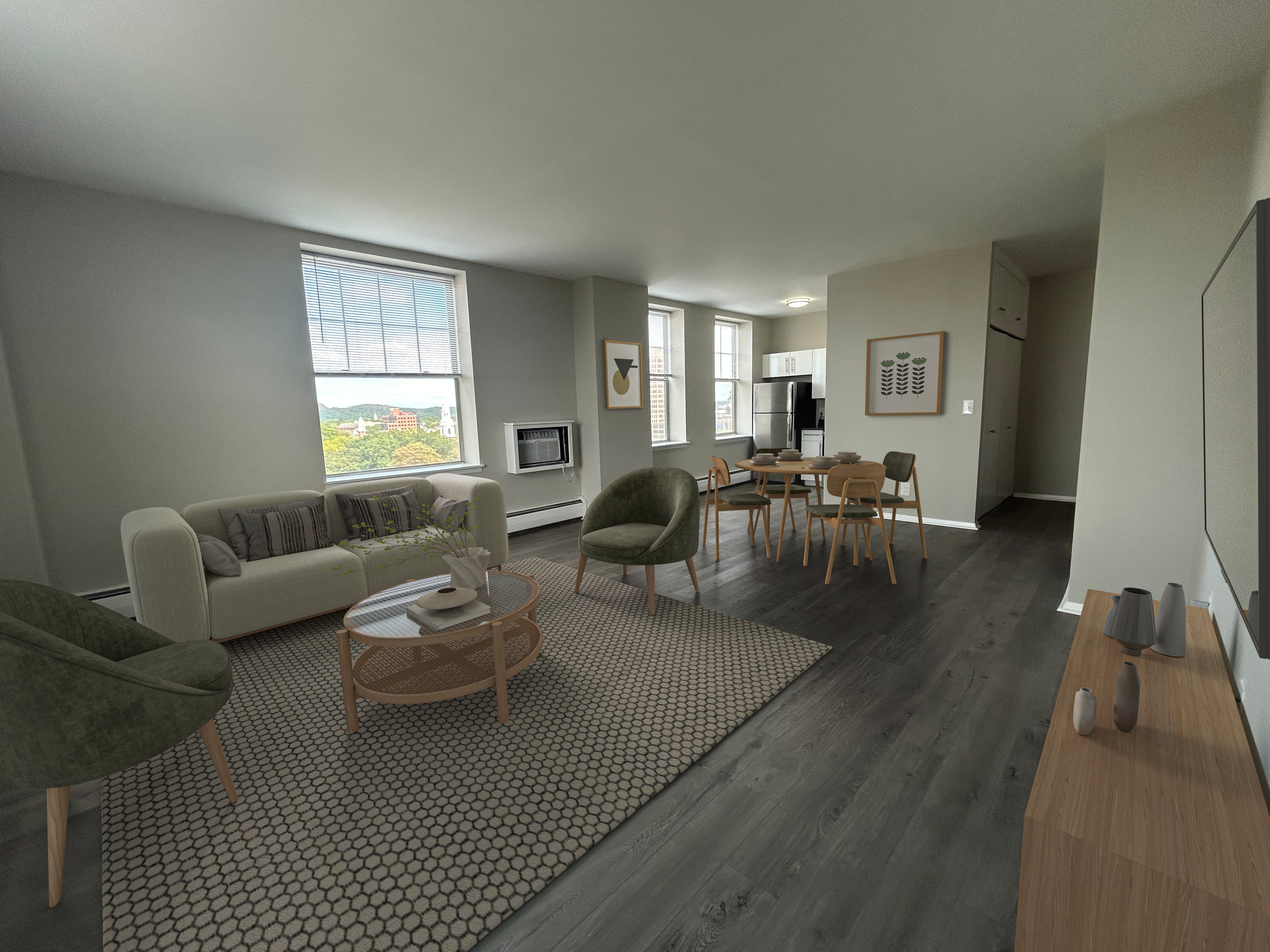 A living room with a couch, chairs, and a coffee table.