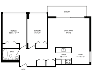 A black and white image of a house floor plan with a balcony.
