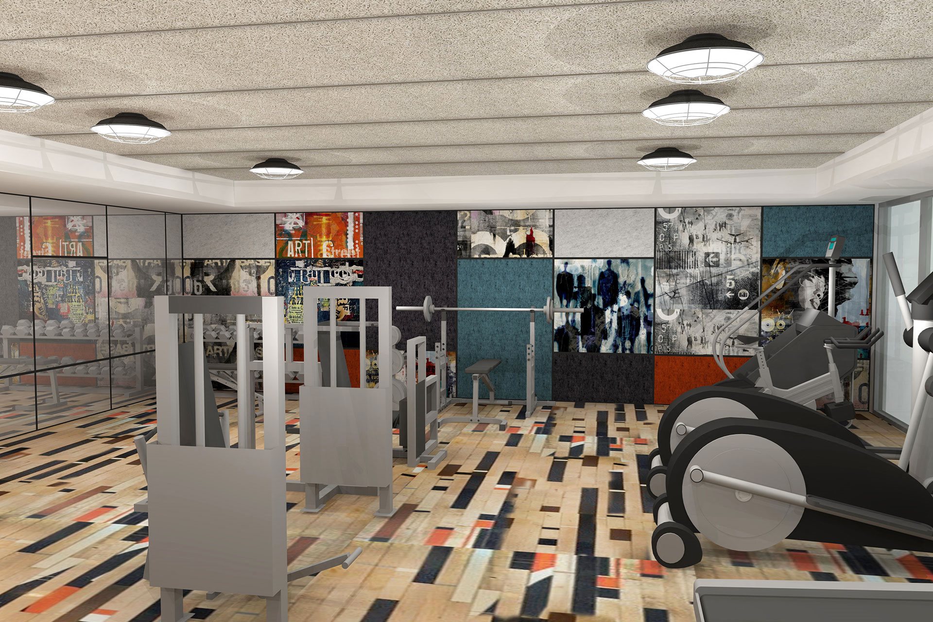24-Hr Fitness Center with Reclaimed Gym Floors