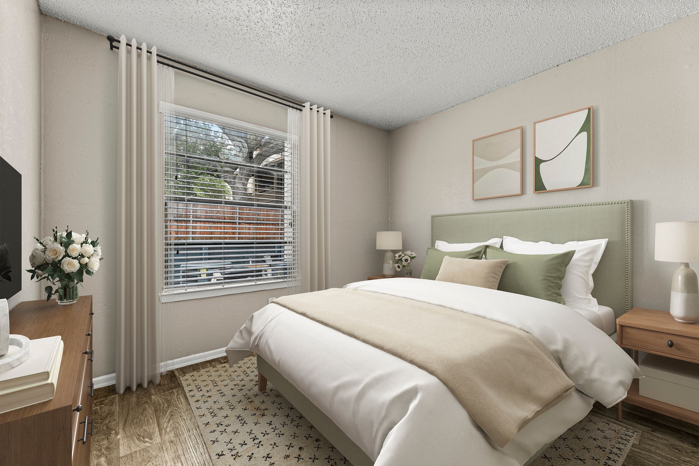 a bedroom with a large bed and a window at 5636 Apartment Homes, Dallas, TX, 75254
