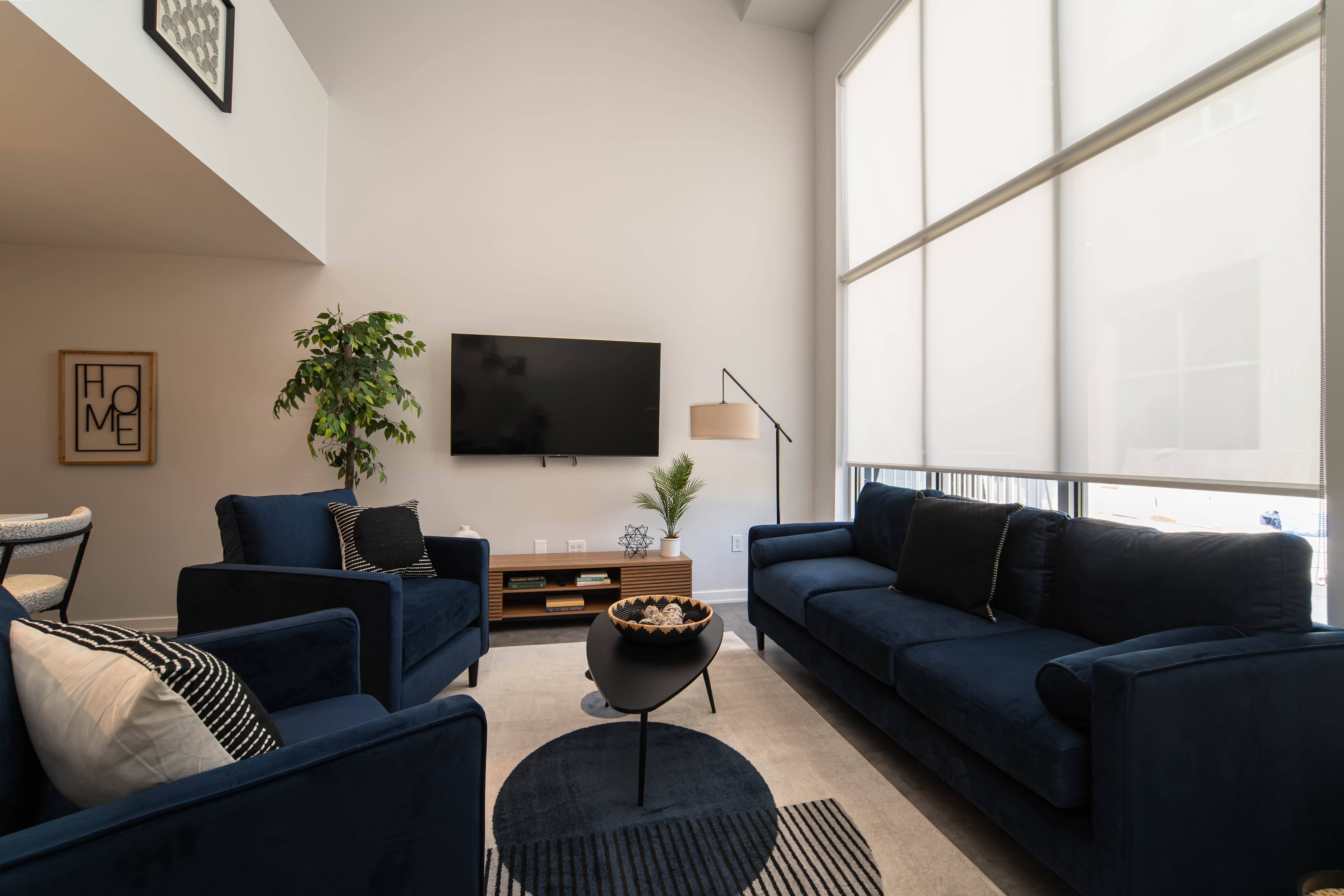 Living room in an Ann Arbor loft with high ceilings
