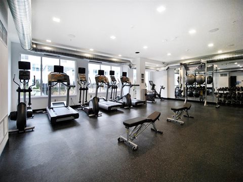 a gym with treadmills and other exercise equipment at The George, Ann Arbor, MI