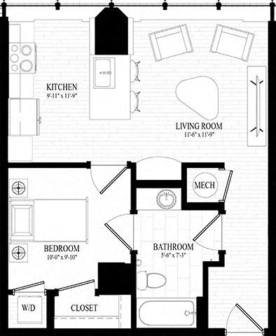 Suite Style A1 - 3D 1 Bedroom 1 bathroom  Floor Plan at Residences at 55, Cleveland, OH, 44113