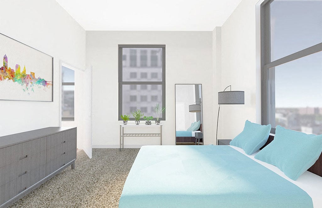 Bright Bathroom at The Terminal Tower Residences Apartments, Cleveland, OH, 44113
