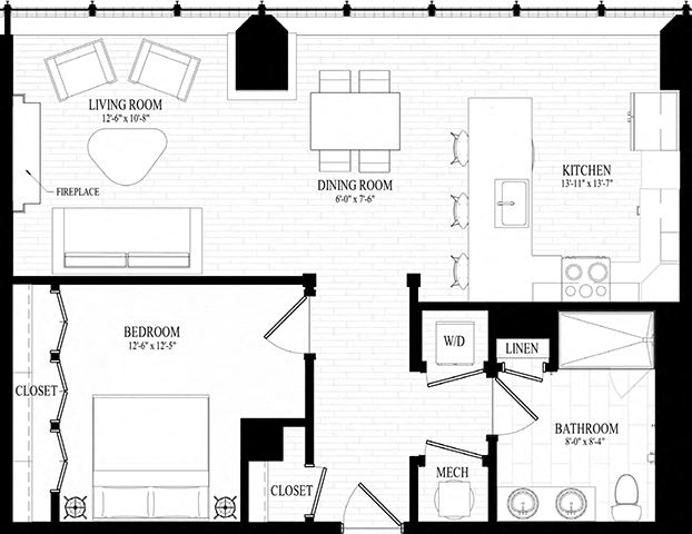 1 Bedroom 1 bathroom  Suite Style C1 - 3D Floor Plan at Residences at 55, Cleveland