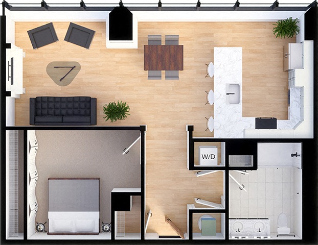 1 Bedroom 1 bathroom  Suite Style C1 - 3D Floor Plan at Residences at 55, Cleveland