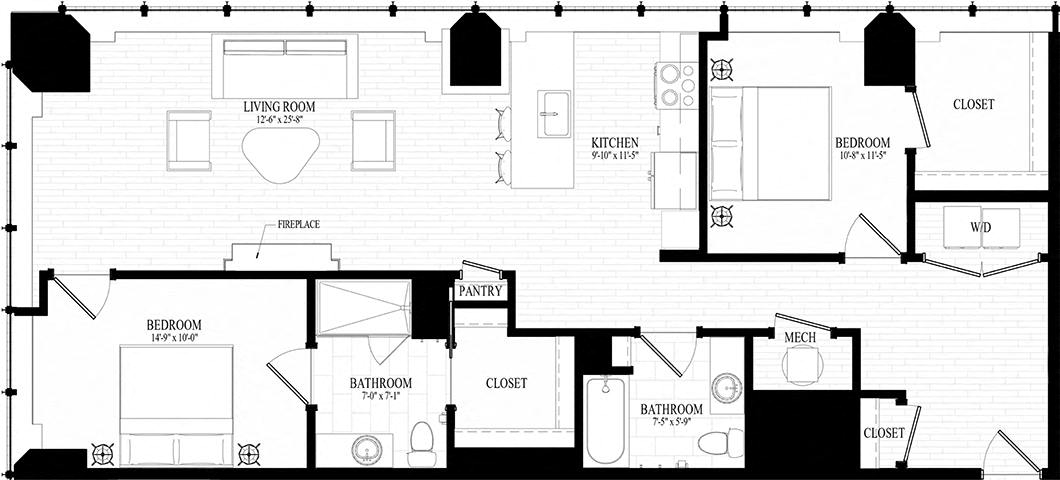 2 bedroom 2 bathroom Suite Style C2 - 3D Floor Plan at Residences at 55, Cleveland, OH, 44113