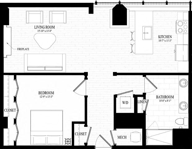 1 Bedroom 1 bathroom  Suite Style D1 - 3D Floor Plan at Residences at 55, Ohio, 44113
