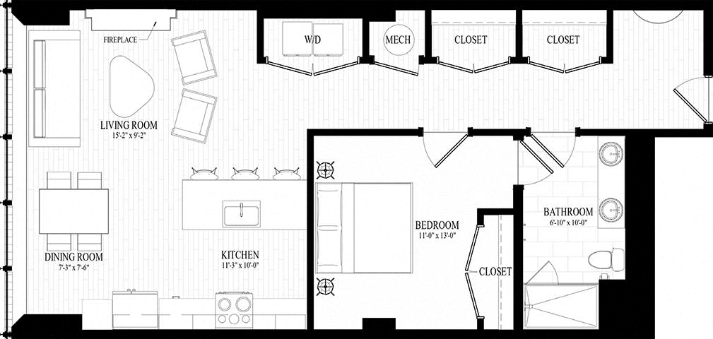 1 Bedroom 1 bathroom  Suite Style E1 - 3D Floor Plan at Residences at 55, Cleveland, OH