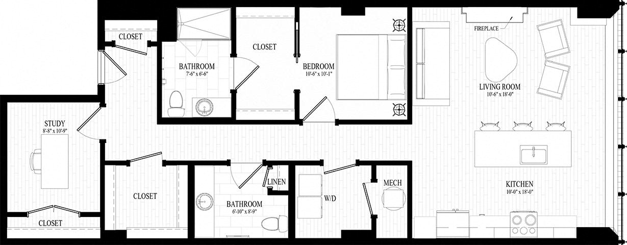 1 bedroom 1.5 bathroom Suite Style G1 - 3D Floor Plan at Residences at 55, Ohio