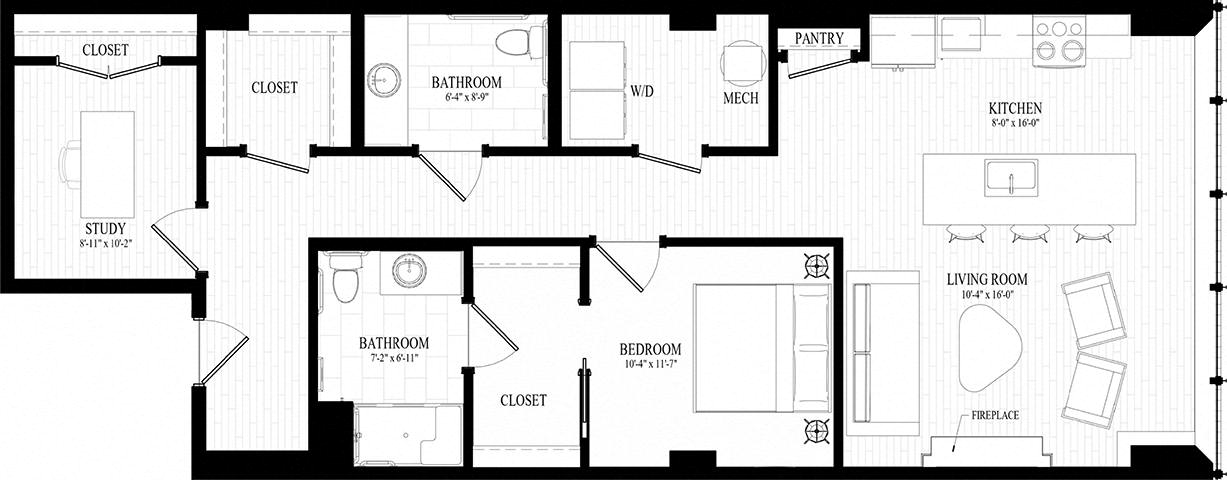 1 bedroom 1.5 bathroom Suite Style J1 - 3D Floor Plan at Residences at 55, Ohio, 44113