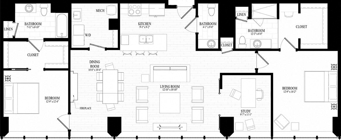 2 bedroom 2 bathroom  Penthouse Suite Style PH-A - 3D Floor Plan at Residences at 55, Cleveland
