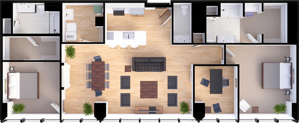 2 bedroom 2 bathroom  Penthouse Suite Style PH-A - 3D Floor Plan at Residences at 55, Cleveland