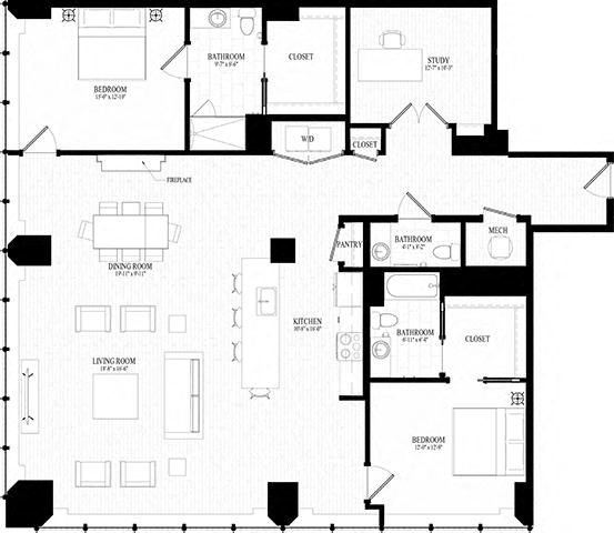 2 bedroom 2 bathroom Penthouse Suite Style PH-C - 3D Floor Plan at Residences at 55, Cleveland, OH