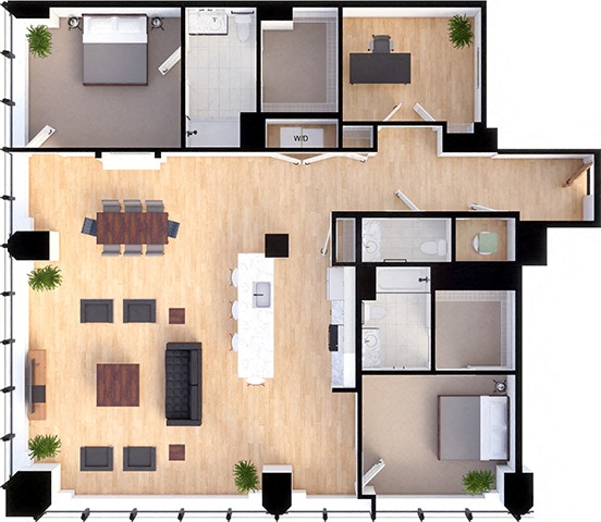 2 bedroom 2 bathroom Penthouse Suite Style PH-C - 3D Floor Plan at Residences at 55, Cleveland, OH