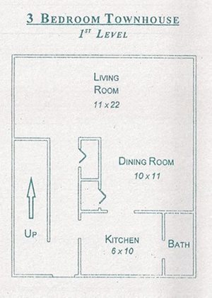 Two Story 3-bedroom townhouse - ground floor layout at Gatehouse Apartments, Kansas City, MO, Missouri