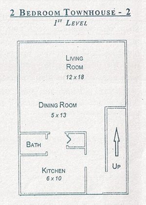 Layout of First Level of Two-Story Two Bedroom Townhouse at Gatehouse Apartments, Kansas City, MO, 64134