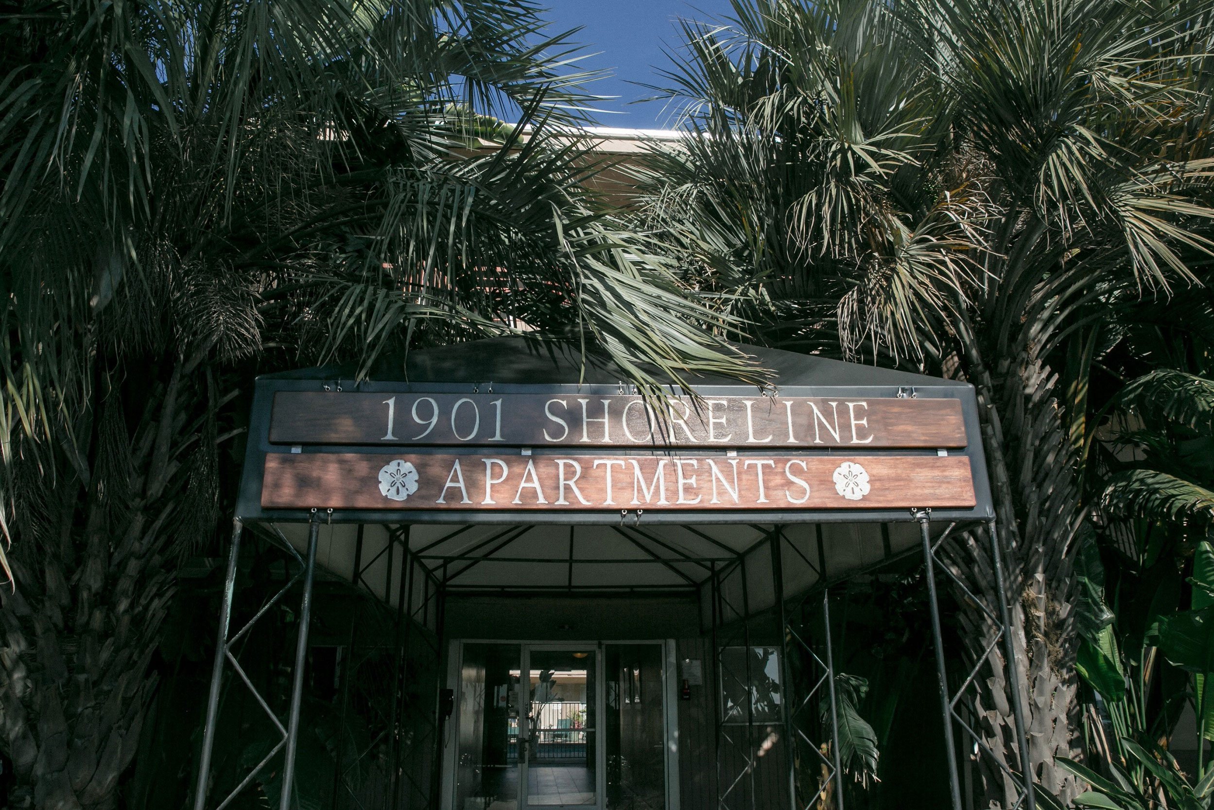 The entrance to the 1901 Shoreline Apartments is framed by palm trees.