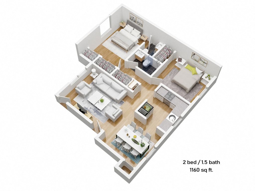 3d floor plan of two bedroom